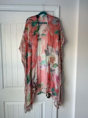 Floral Sheer Kimono Cover-Up in Coral and Green